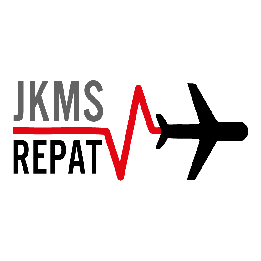 Logo mit Flugzeug und pulswerte Form, beschriftet mit "JKMS REPAT".