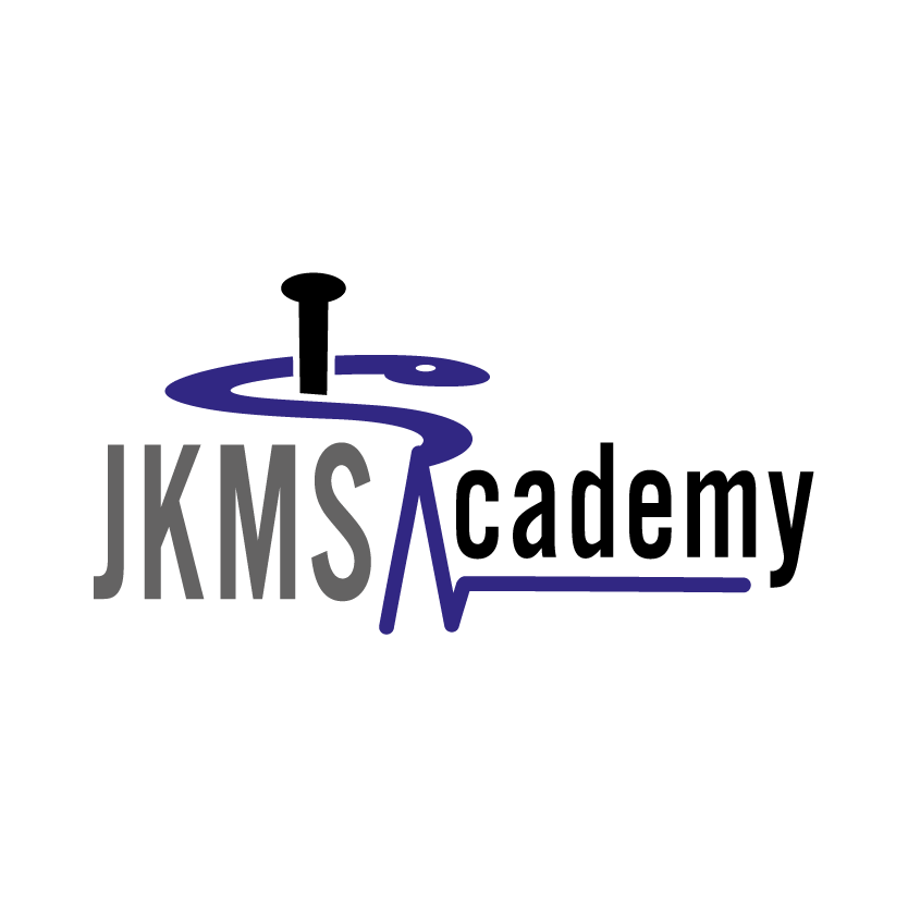 Logo der JKMS Academy mit stilisiertem Symbol und Schriftzug in Grau und Blau.